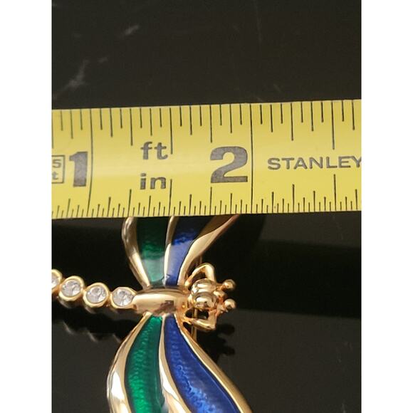 Dragonfly Pin Brooch Blue Green enamel on Wings Rhinestones on Tail Nice Quality - Picture 6 of 8